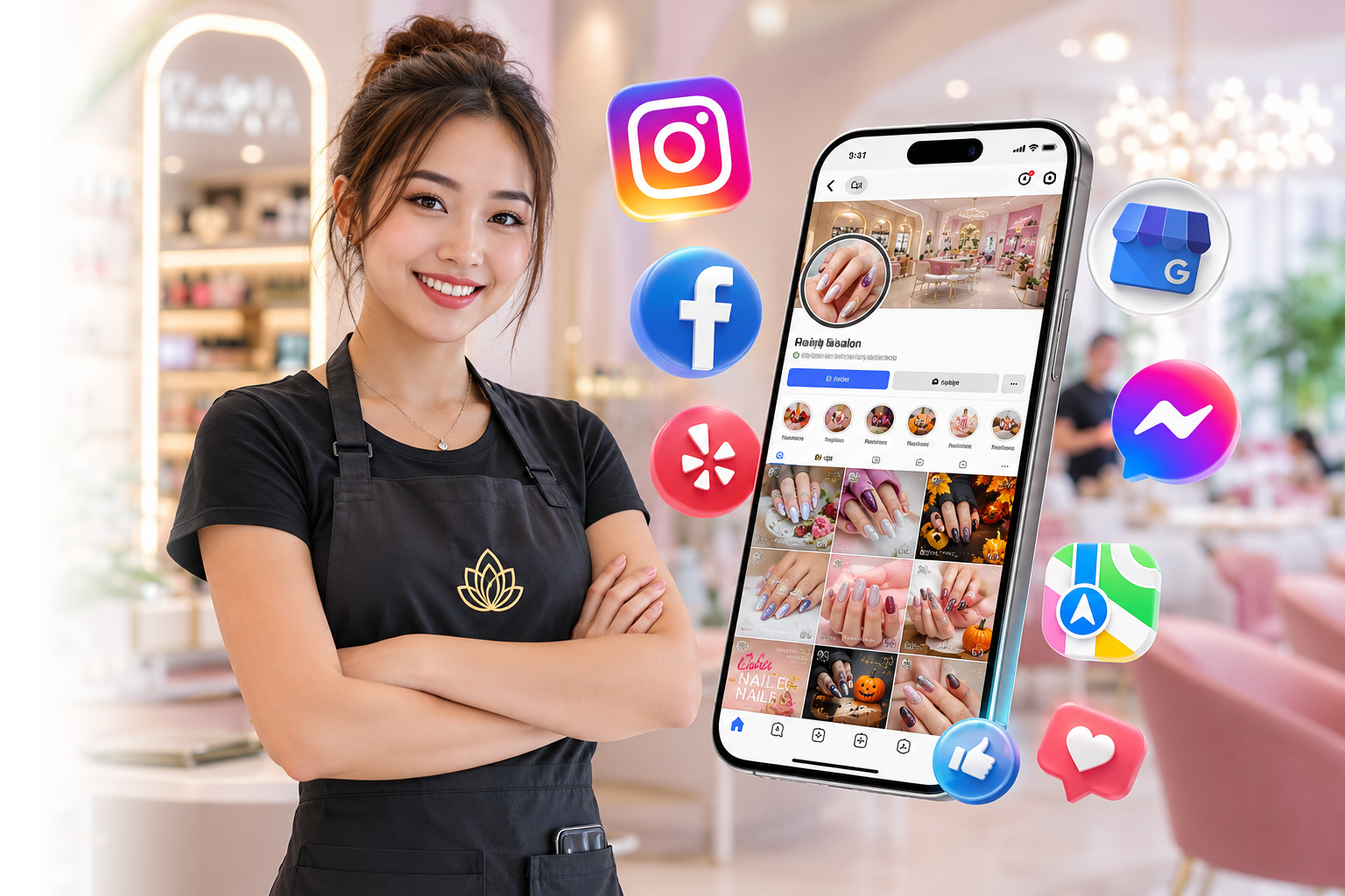Nhân viên tiệm nails cùng các nền tảng social marketing và bản xem trước trang tiệm trên điện thoại